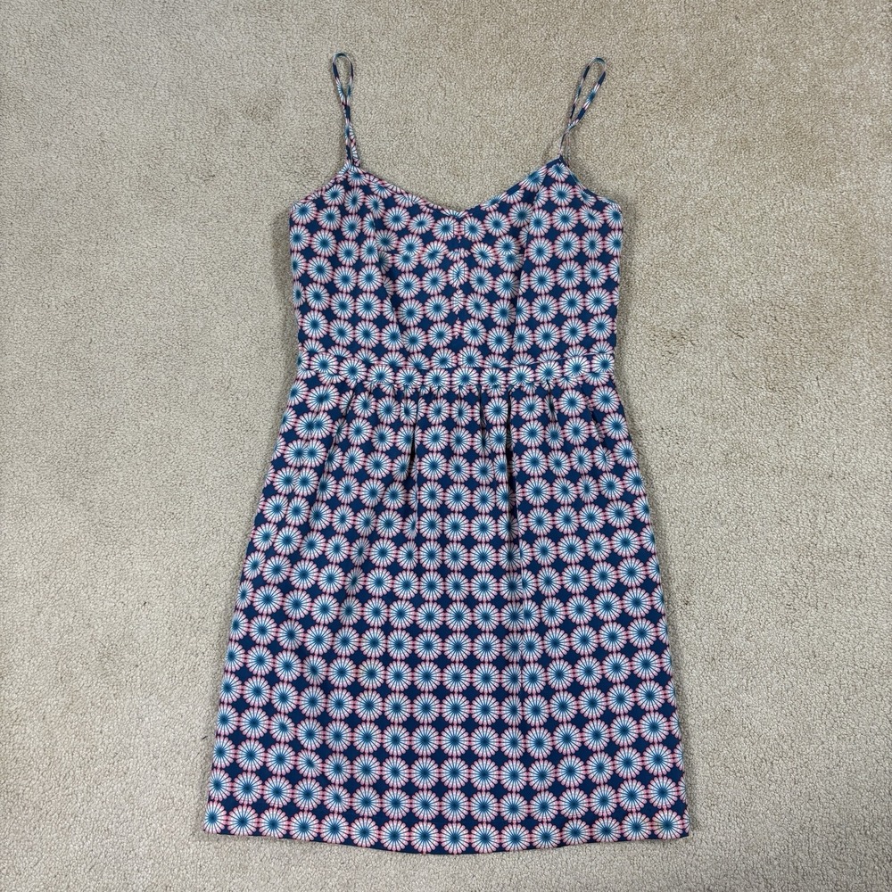 J.CREW Blue Pink Geometric Print Sundress V-Neck Short Dress 6 Lined Adjustable